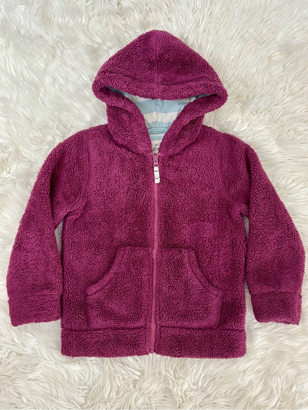 Mini Boden Sherpa Full Zip Hooded Jacket Mullberry Plum Jersey Lined Hood 7/8Y